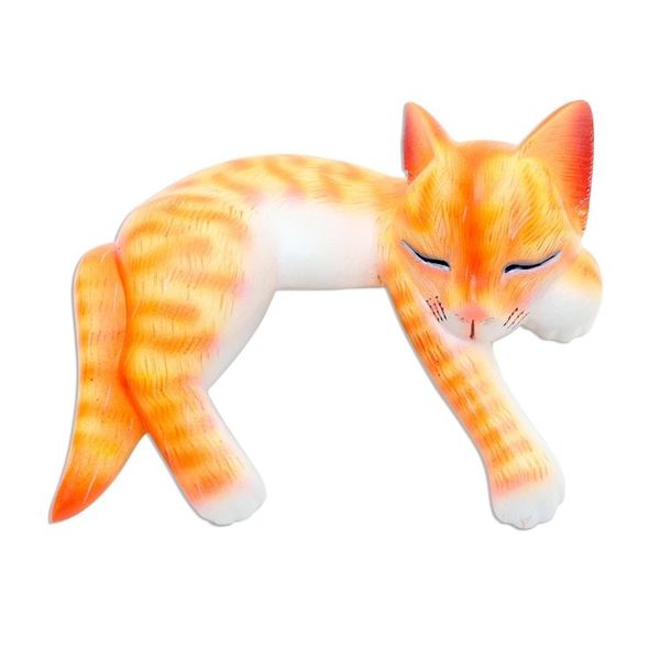Alternate image for Wood Sleeping Cat Statuette Orange Tabby Napping Cat