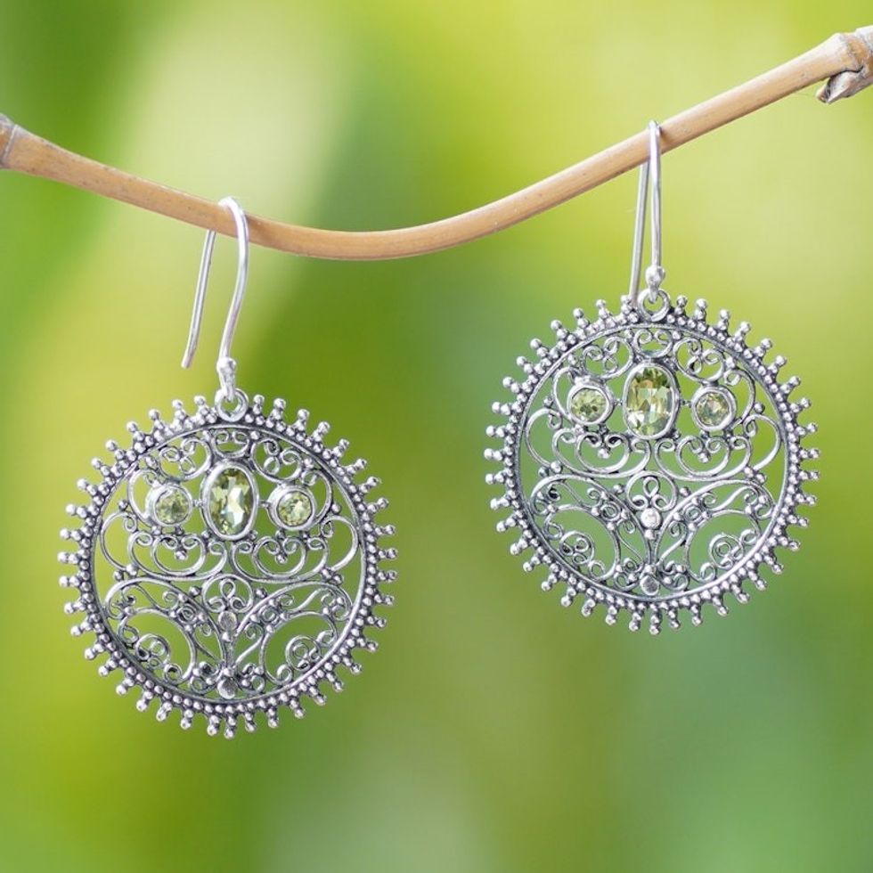 Sterling Silver and Peridot Bali Style Dangle Earrings 'Circles of Majesty'