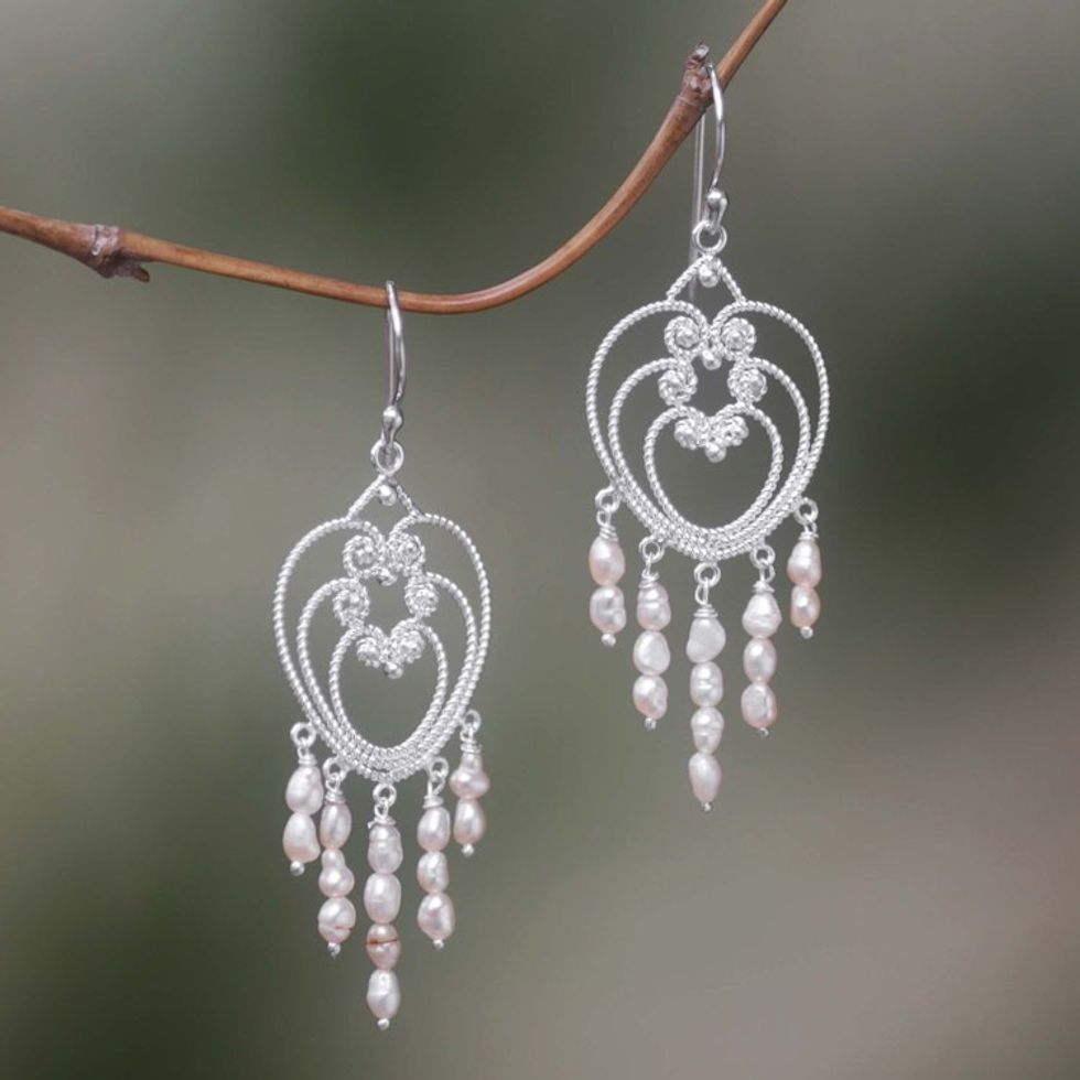 Heart Shaped Sterling Silver Pearl Chandelier Earrings 'Rose Romance'