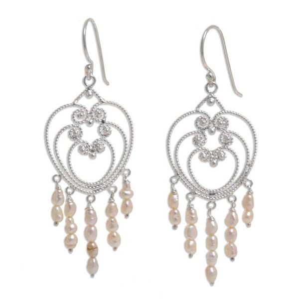 Alternate image for Heart Shaped Sterling Silver Pearl Chandelier Earrings Rose Romance
