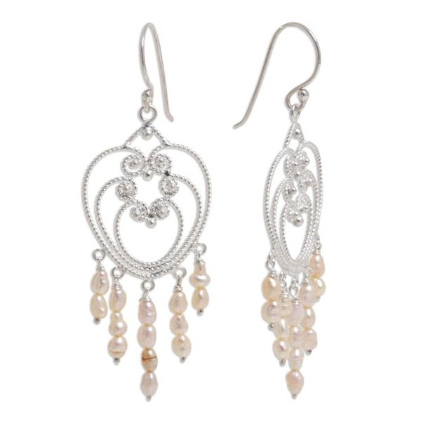 Alternate image for Heart Shaped Sterling Silver Pearl Chandelier Earrings Rose Romance
