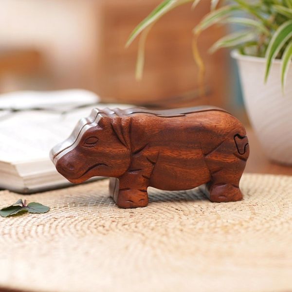 Alternate image for Handmade Hippopotamus Wood Puzzle Box from Bali Hippopotamus