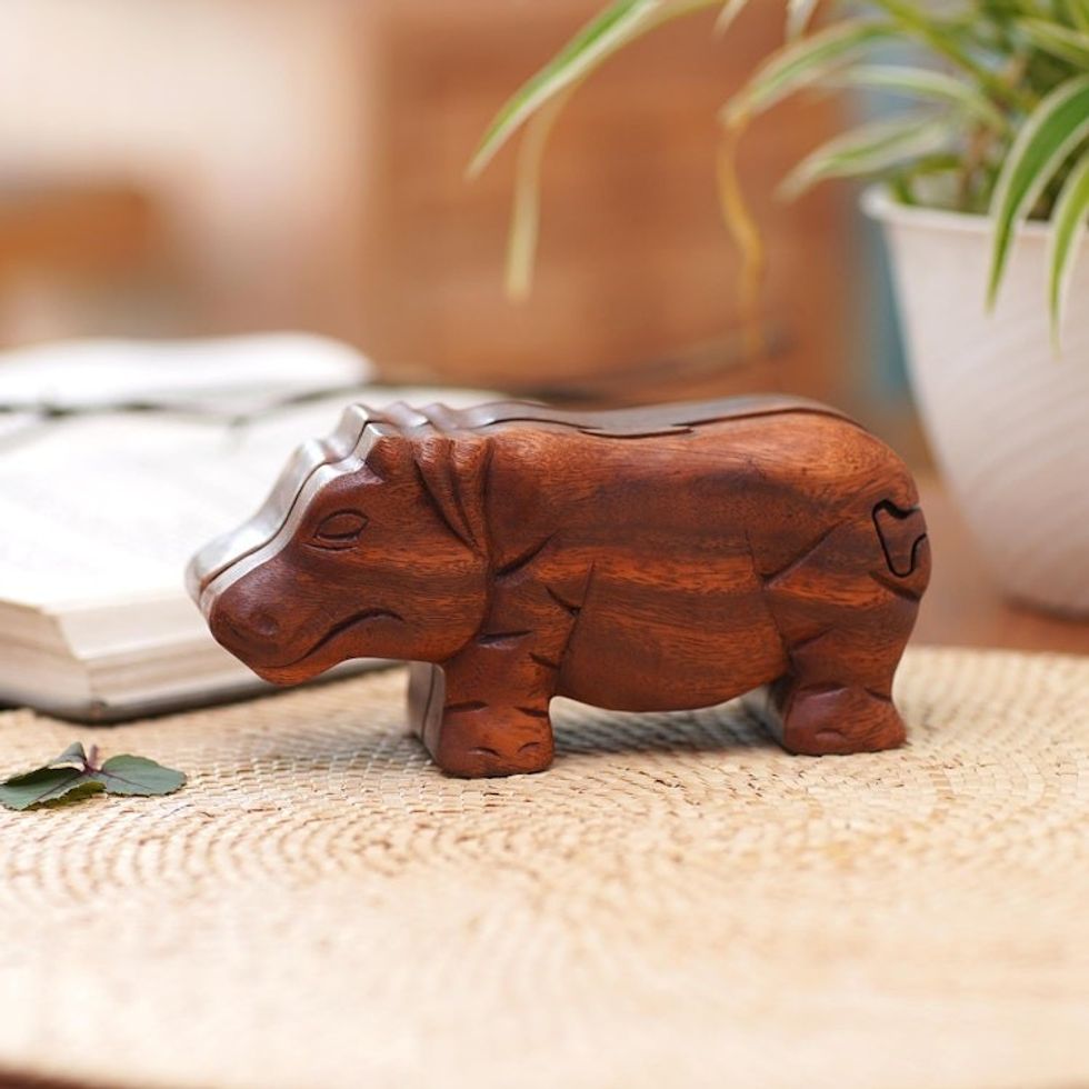 Handmade Hippopotamus Wood Puzzle Box from Bali 'Hippopotamus'