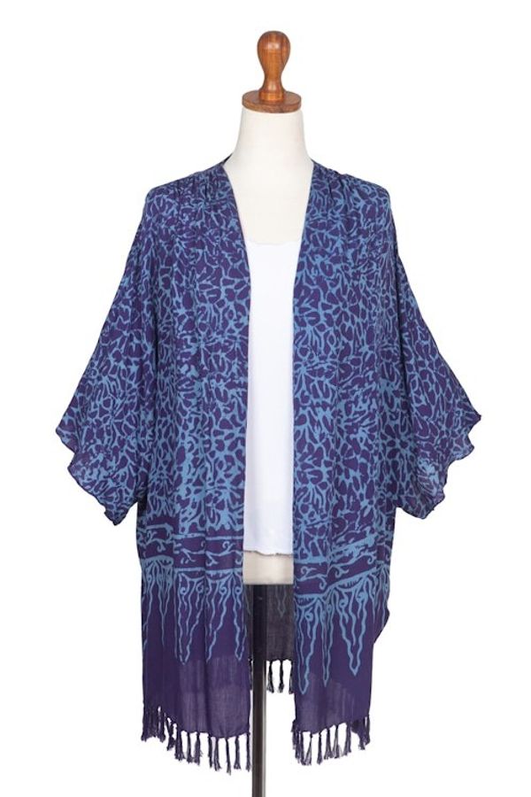 Alternate image for Rayon Batik Kimono Jacket in Blue Violet Print Waterways