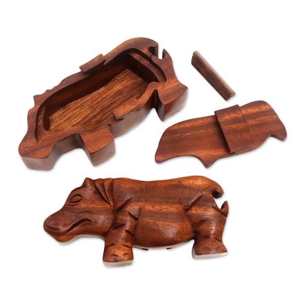 Alternate image for Handmade Hippopotamus Wood Puzzle Box from Bali Hippopotamus