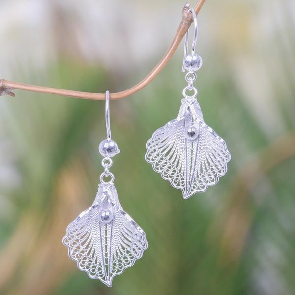 Alternate image for Handmade Sterling Silver Dangle Earrings with Floral Motif White Mustard