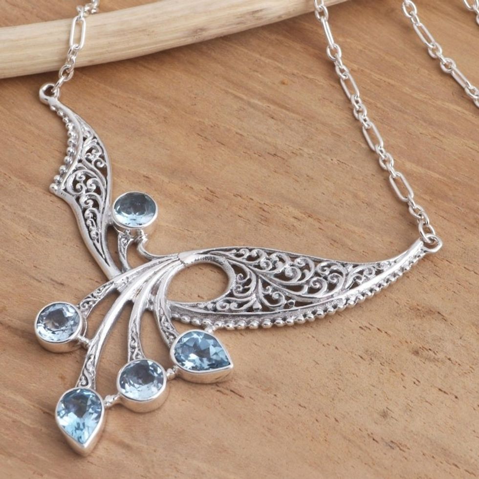 Balinese Blue Topaz Sterling Silver Pendant Necklace 'Winged Dreams'