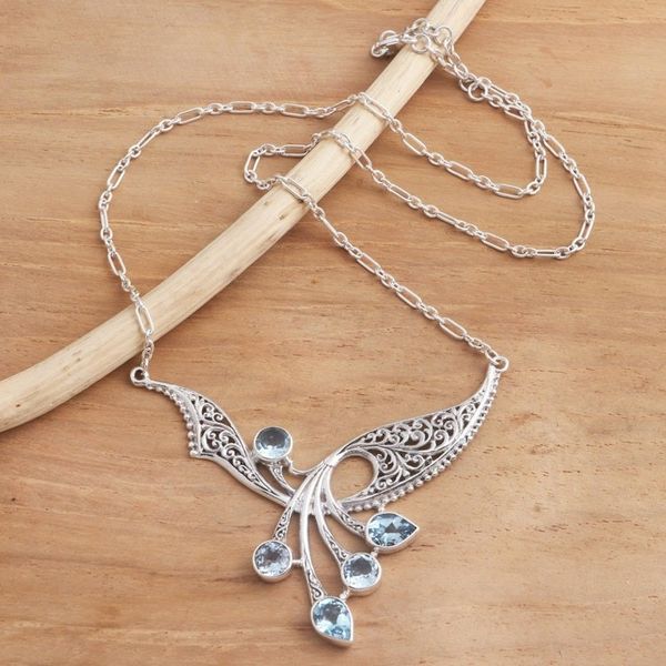 Alternate image for Balinese Blue Topaz Sterling Silver Pendant Necklace Winged Dreams