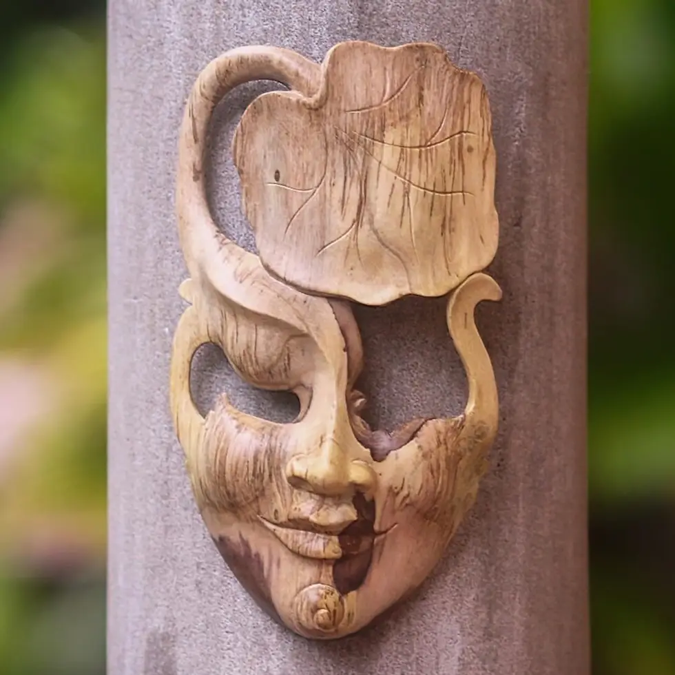 Nature-Themed Hibiscus Wood Mask from Indonesia 'One with Nature'