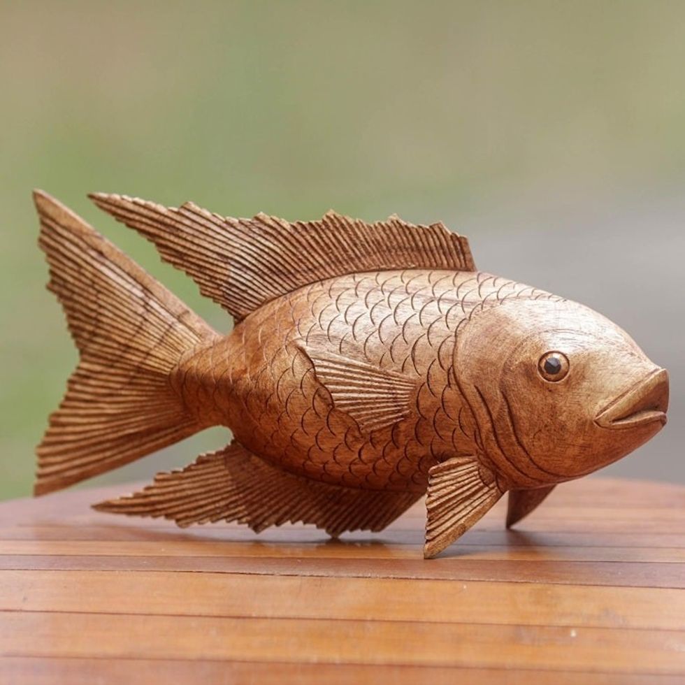 Hand Carved Wood Detailed Sculpture 'Goldfish'