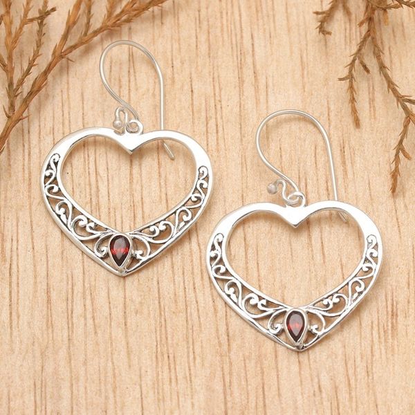 Alternate image for Garnet and Sterling Silver Heart Dangle Earrings from Bali Heart of Vines