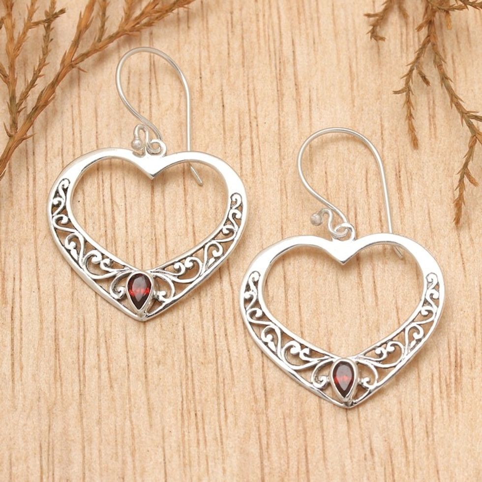 Garnet and Sterling Silver Heart Dangle Earrings from Bali 'Heart of Vines'