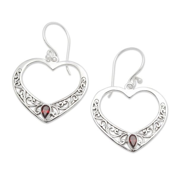 Alternate image for Garnet and Sterling Silver Heart Dangle Earrings from Bali Heart of Vines