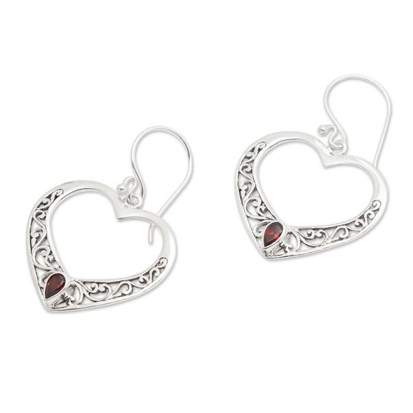 Alternate image for Garnet and Sterling Silver Heart Dangle Earrings from Bali Heart of Vines