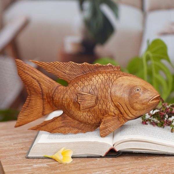 Alternate image for Hand Carved Wood Detailed Sculpture Goldfish