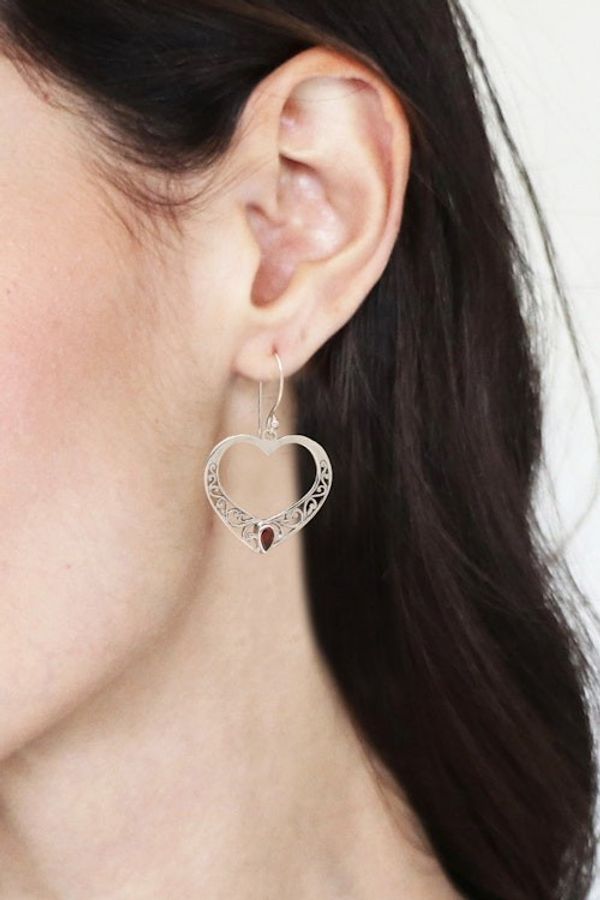 Alternate image for Garnet and Sterling Silver Heart Dangle Earrings from Bali Heart of Vines