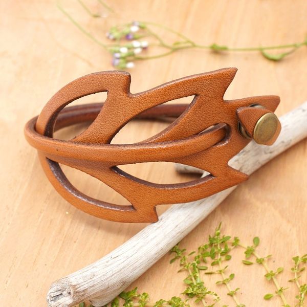 Alternate image for Brown Leather Wristband Bracelet Lucky Leaf