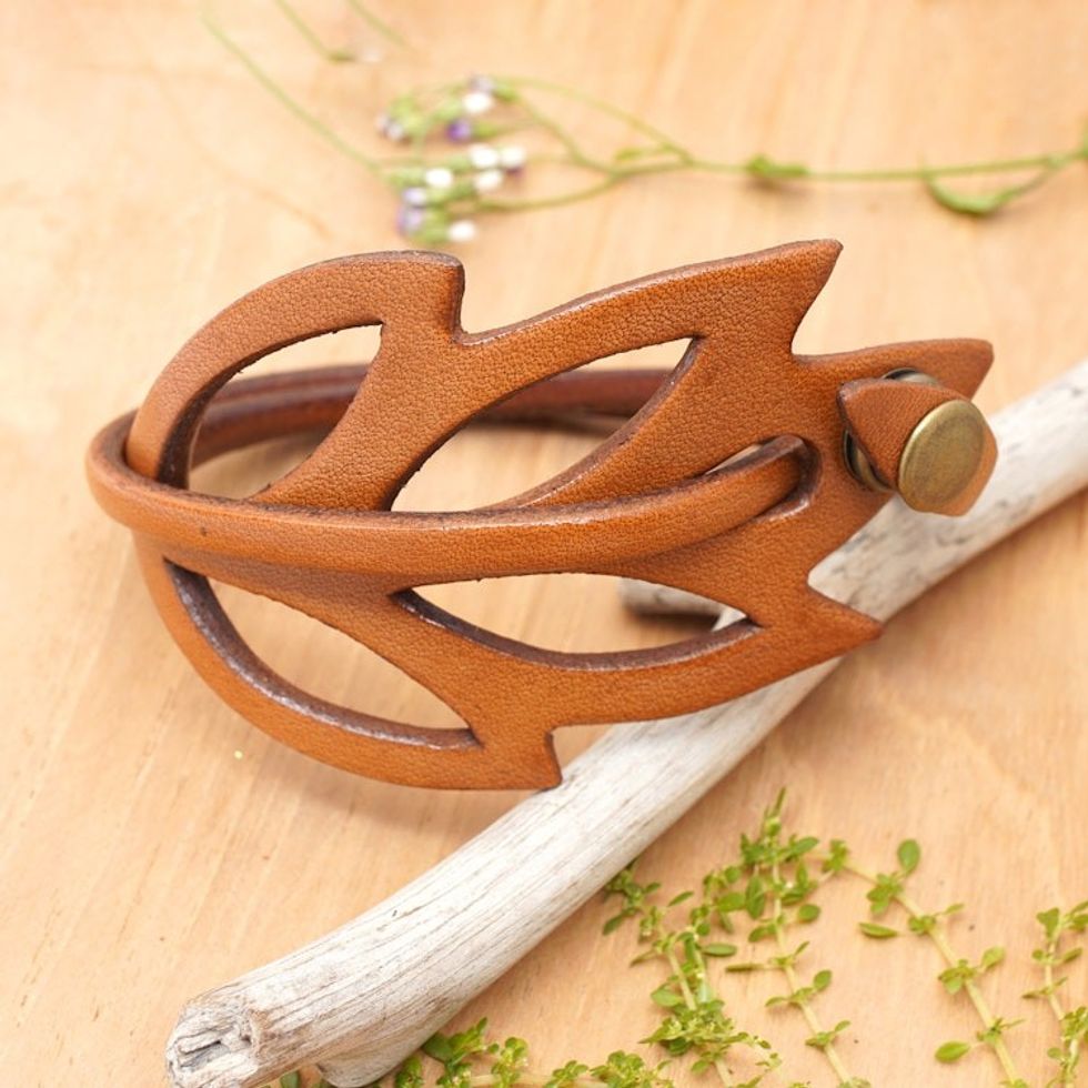 Brown Leather Wristband Bracelet 'Lucky Leaf'