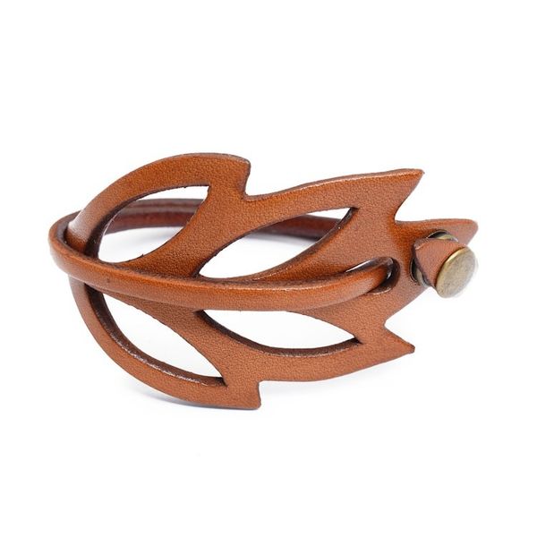 Alternate image for Brown Leather Wristband Bracelet Lucky Leaf