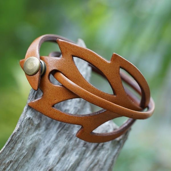 Alternate image for Brown Leather Wristband Bracelet Lucky Leaf