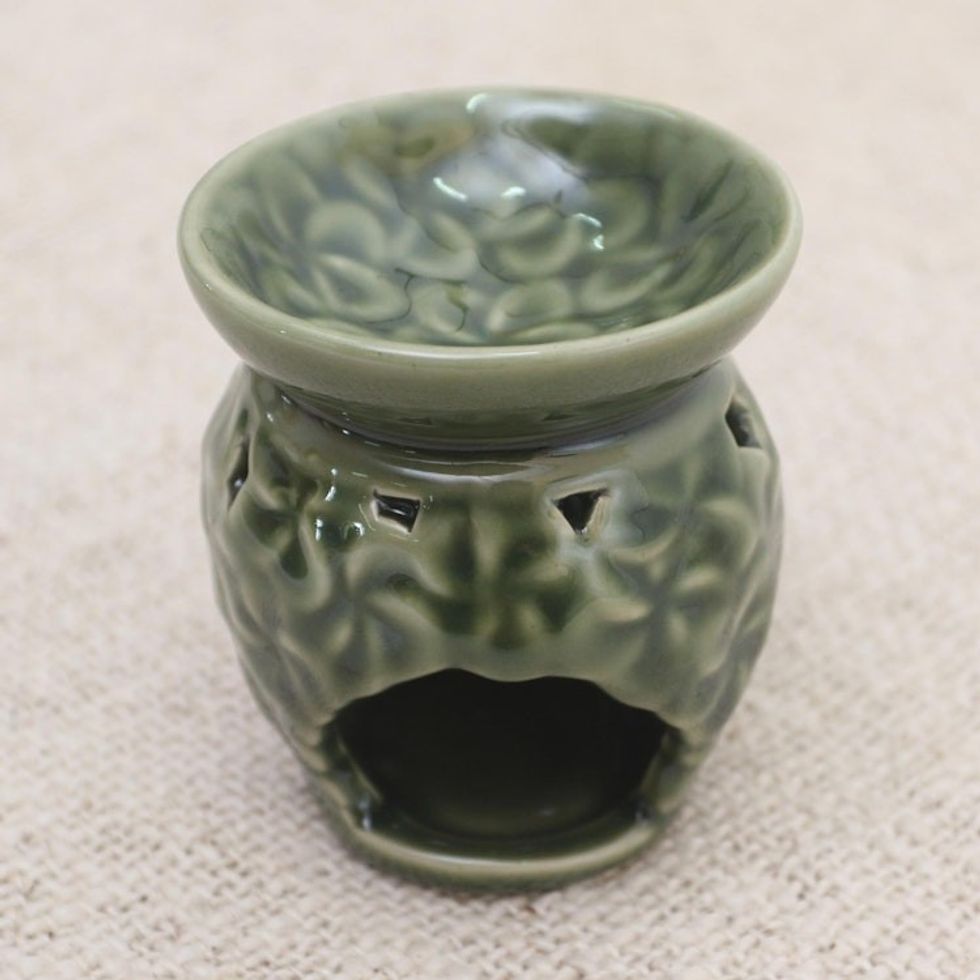 Frangipani Motif Green Ceramic Oil Warmer 'Jepun Flowers'