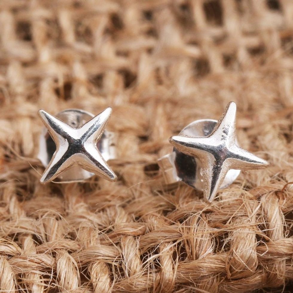 Four Point Star Sterling Silver Stud Earrings 'Starry, Starry Night'