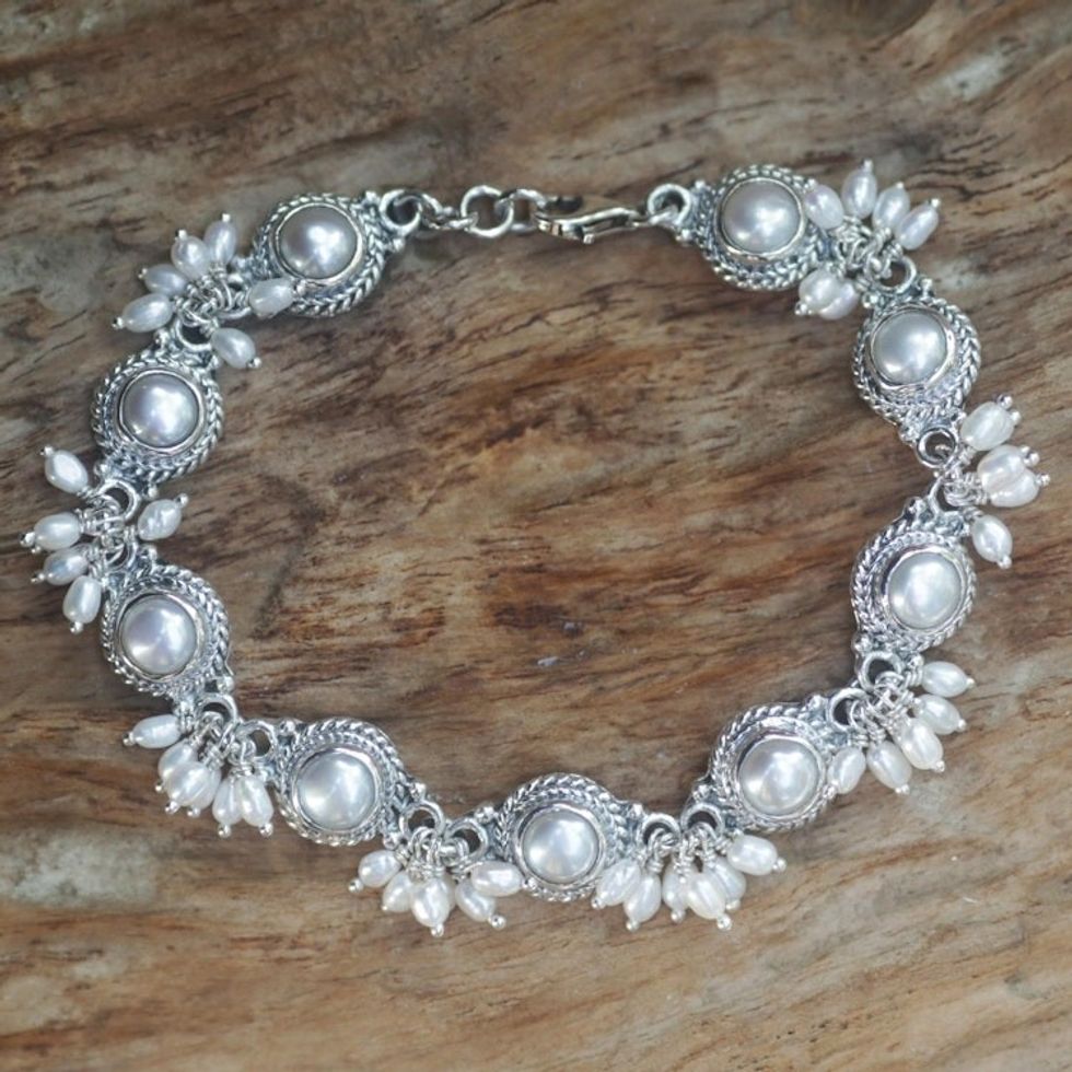 Sterling Silver Pearl Link Bracelet 'Moons and Shooting Stars'