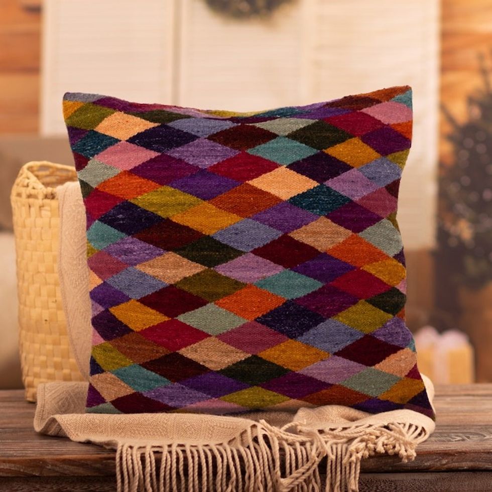 Handloomed Diamond-Patterned Colorful Wool Cushion Cover 'Chromatic Diamonds'