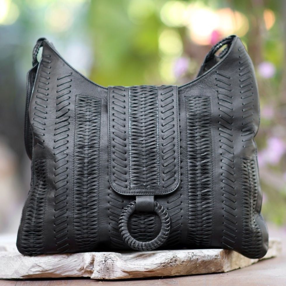 Patterned Leather Hobo Handbag in Black from Bali 'Onyx Anyaman'