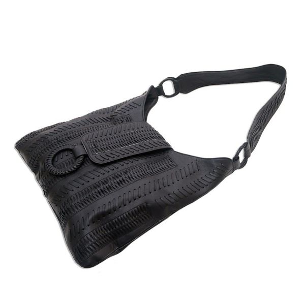Alternate image for Patterned Leather Hobo Handbag in Black from Bali Onyx Anyaman
