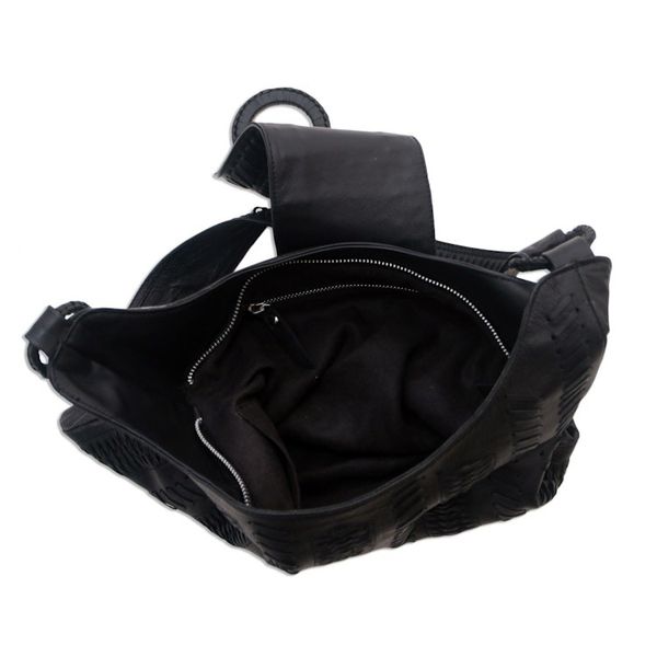 Alternate image for Patterned Leather Hobo Handbag in Black from Bali Onyx Anyaman