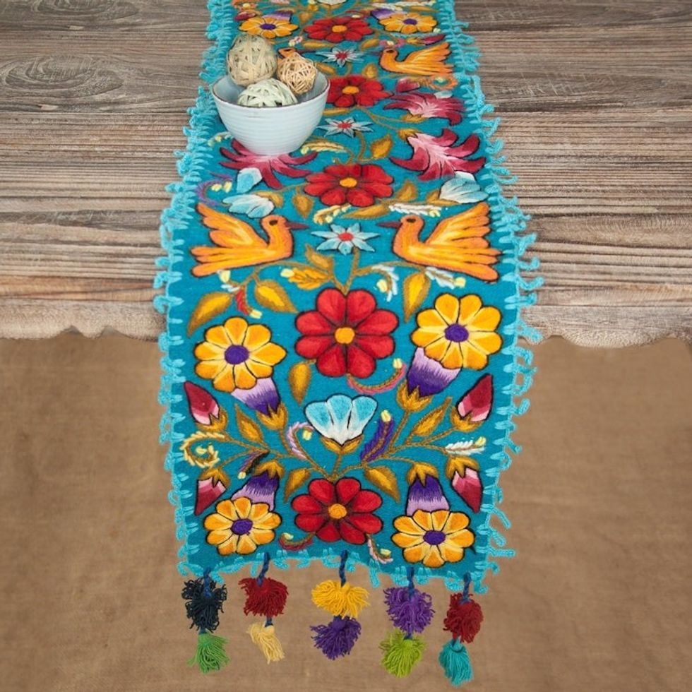 Floral and Bird Motif Alpaca Blend Table Runner from Peru 'Floral Fest'