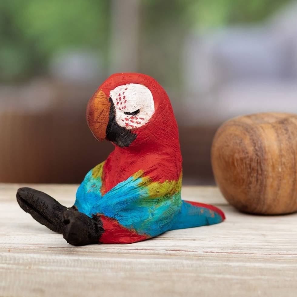 Hand-Carved Cedar Wood Scarlet Macaw Sculpture from Peru 'Scarlet Meditation'