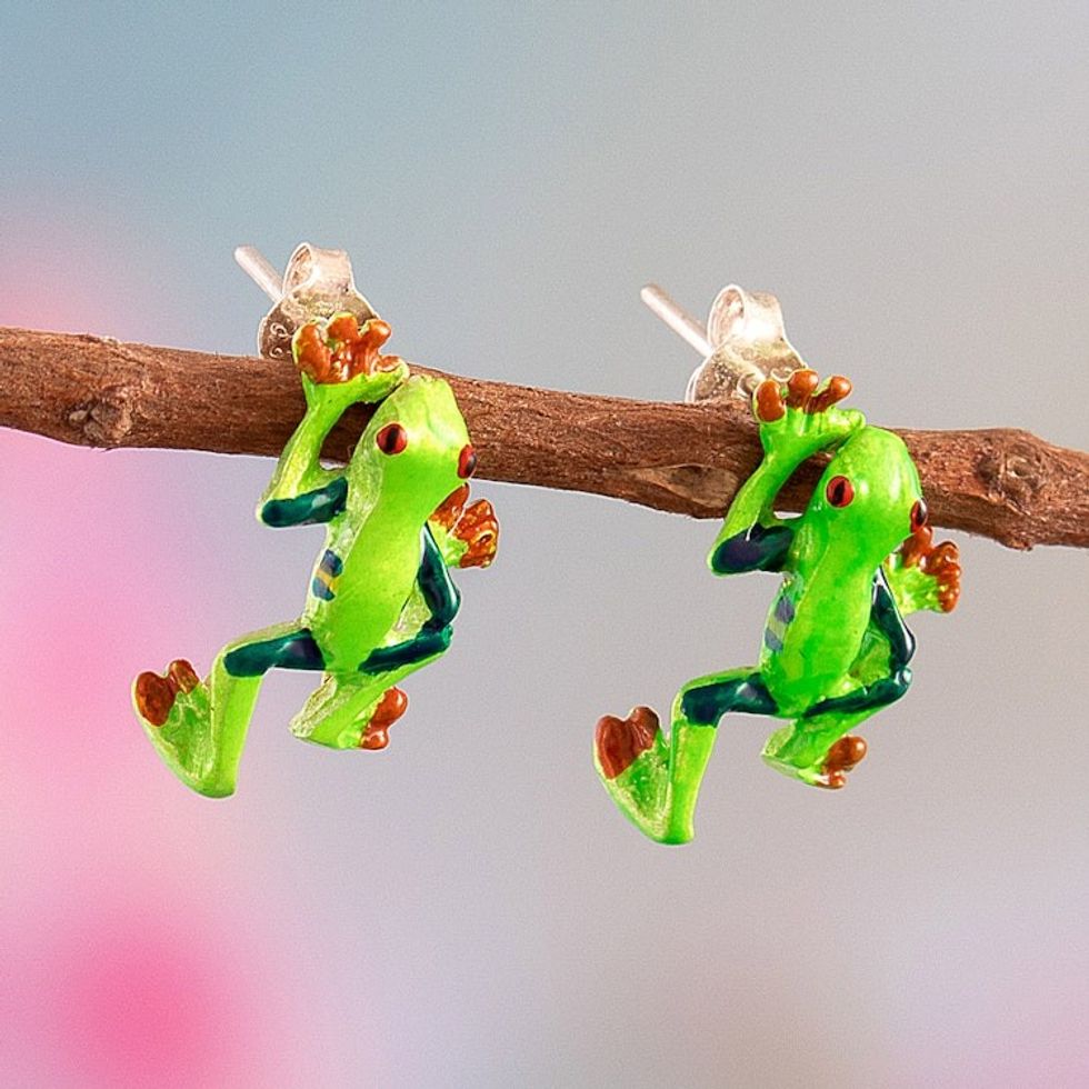 Painted Frog-Themed Sterling Silver Button Earrings 'Tree Frog'