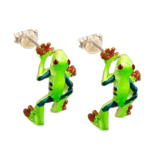 Alternate image for Painted Frog-Themed Sterling Silver Button Earrings Tree Frog