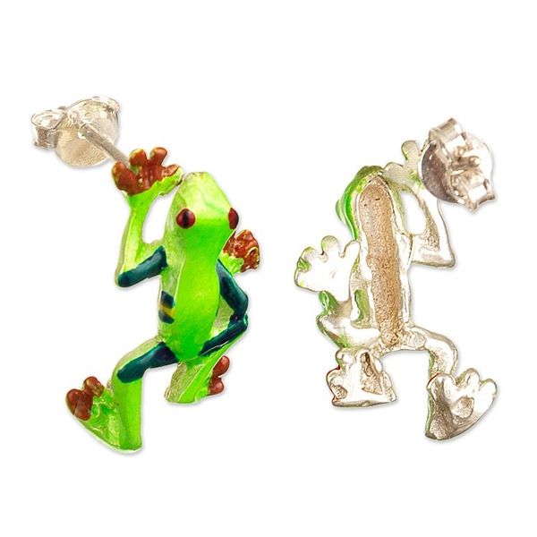 Alternate image for Painted Frog-Themed Sterling Silver Button Earrings Tree Frog