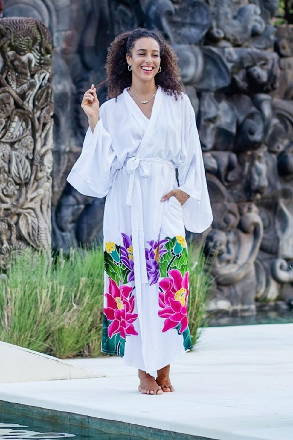 White Floral Hand Painted Rayon Robe 'Beautiful Flowers in White'