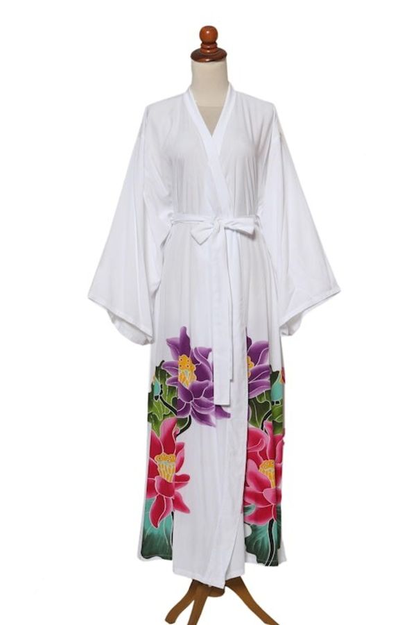 Alternate image for White Floral Hand Painted Rayon Robe Beautiful Flowers in White
