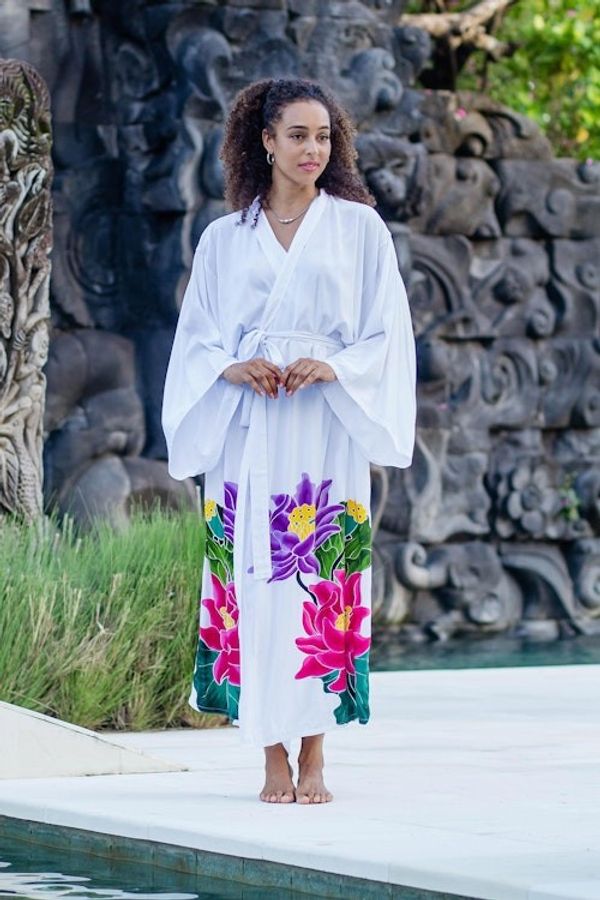 Alternate image for White Floral Hand Painted Rayon Robe Beautiful Flowers in White