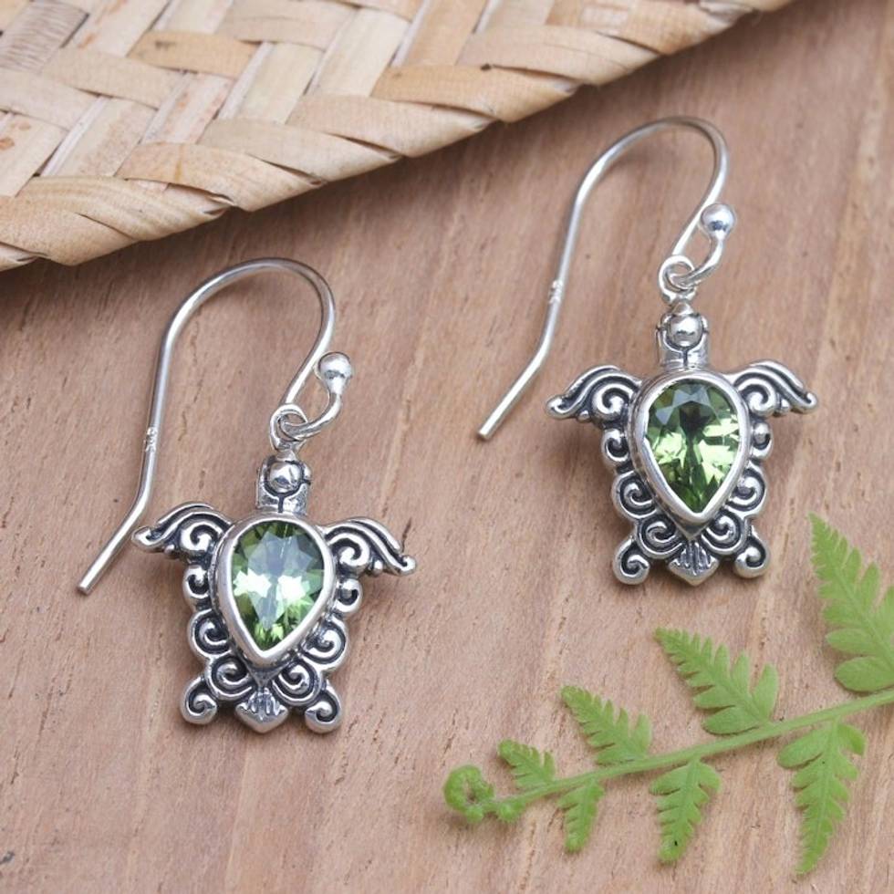 Handcrafted Peridot Dangle Earrings with Turtle Motif 'Shell Game in Green'