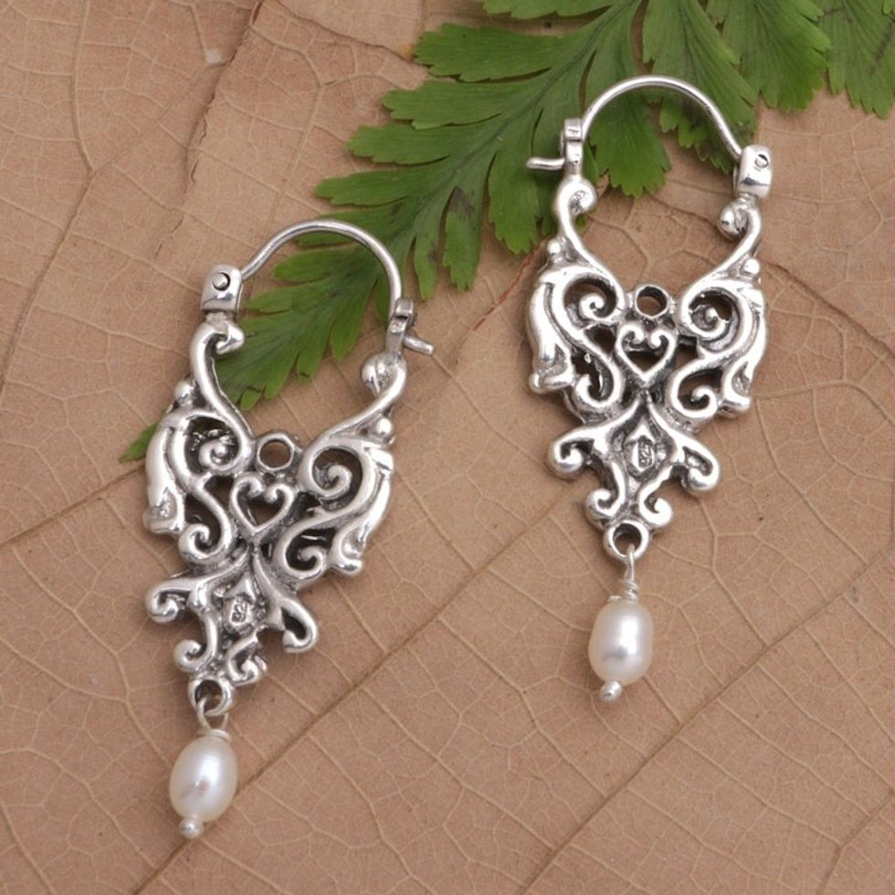 Sterling Silver and Cultured Pearl Hoop Earrings with Swirls 'White Soul'
