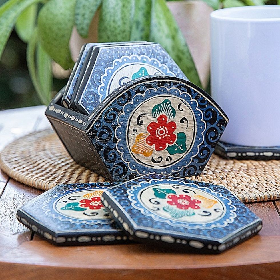 Set of 6 Floral Indigo Wadang Wood Batik Coasters and Stand 'Indigo Memory'