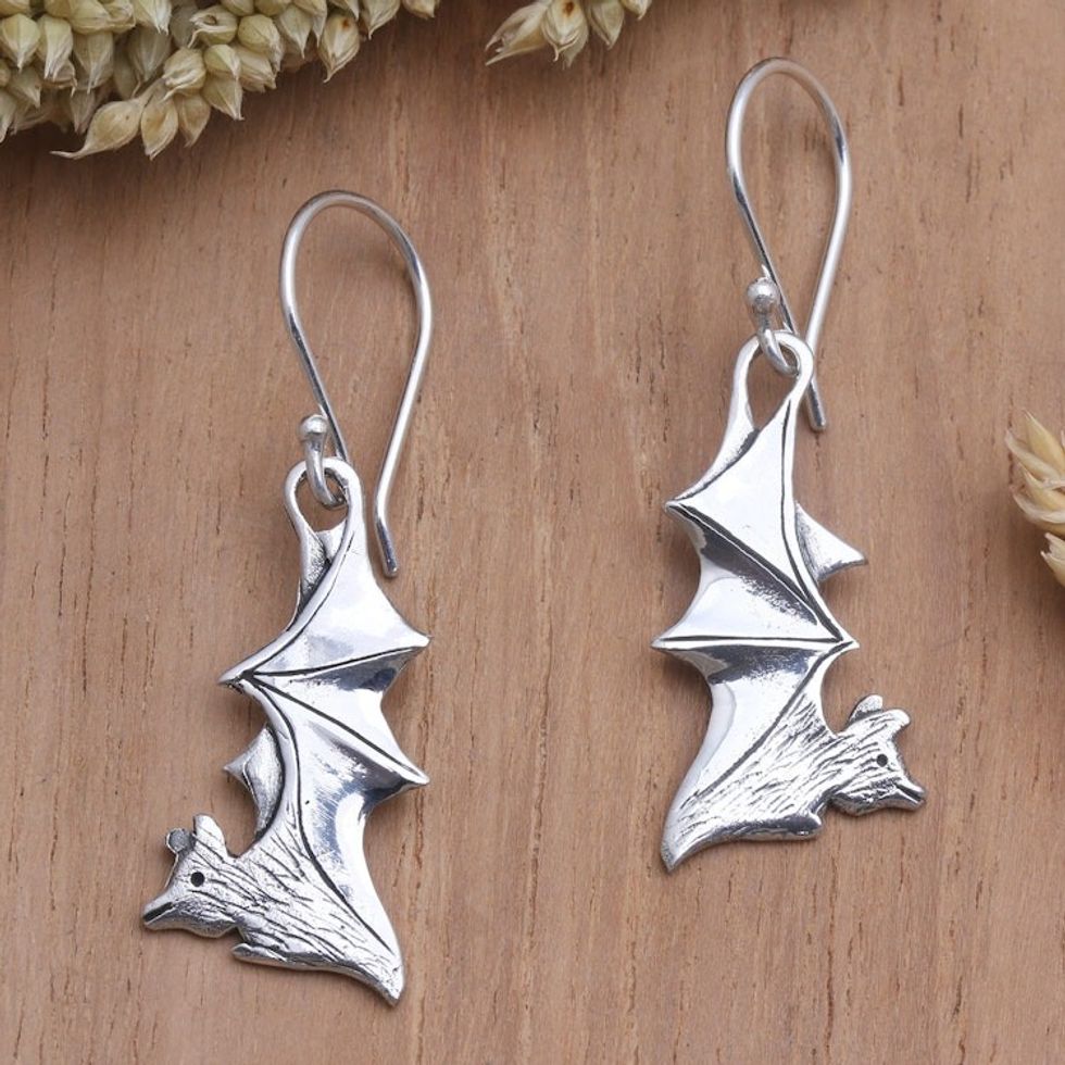 Sterling Silver Dangle Earrings with Bat Motif 'Guardian Spirit'