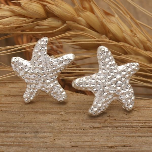 Alternate image for Textured Sterling Silver Starfish Stud Earrings from Bali Starfish Splendor