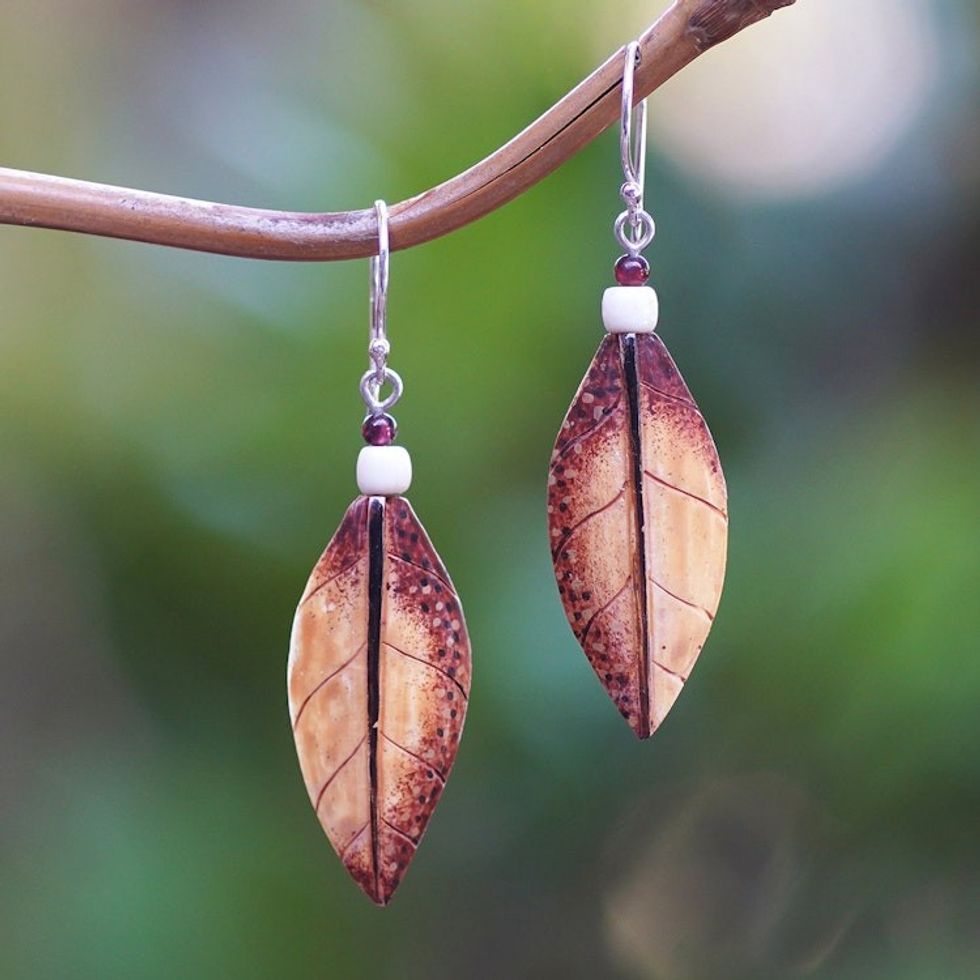 Leaf-Shaped Dangle Earrings with Amethyst Cabochons 'Forest Wisdom'