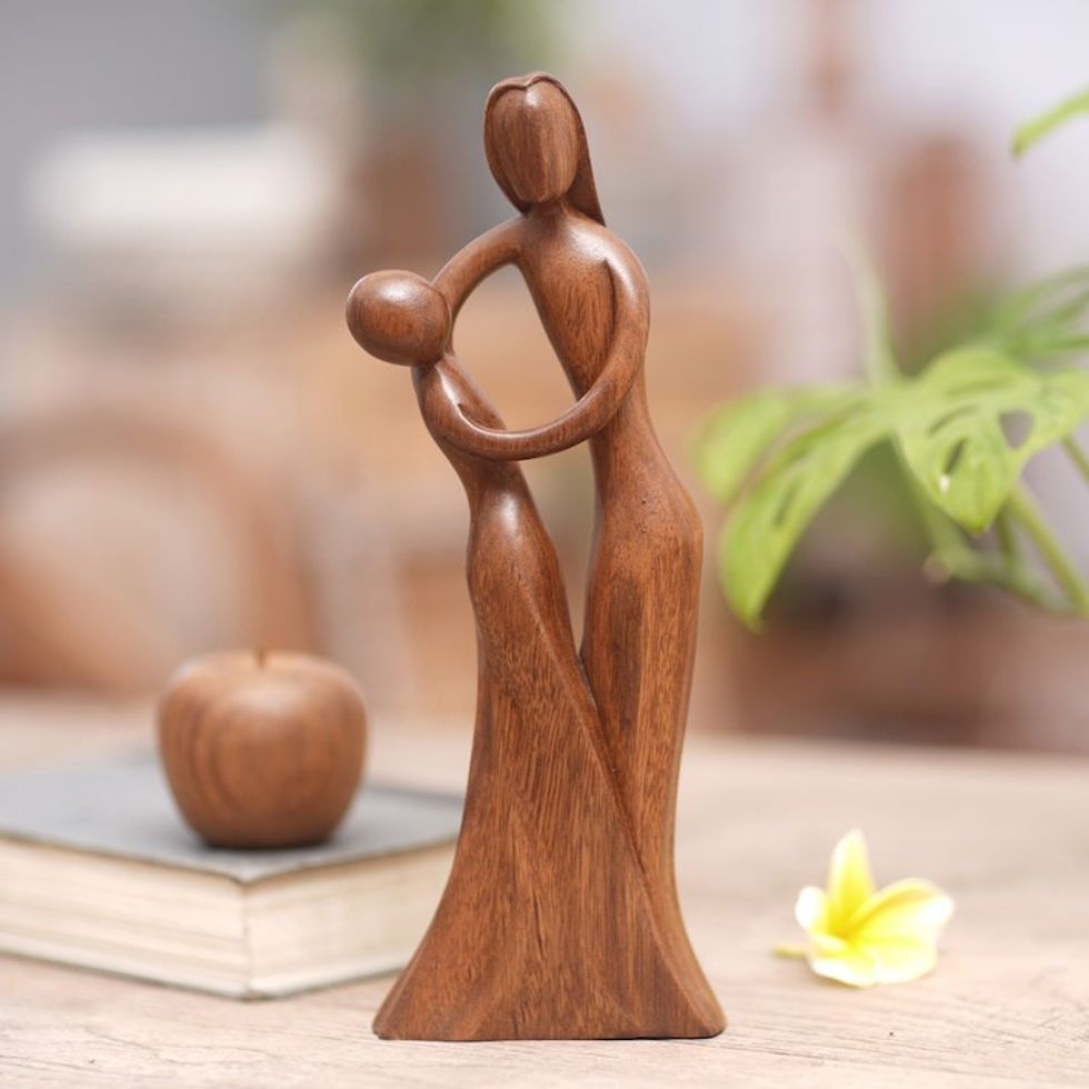 Mother and Daughter Sculpture Hand-Carved from Wood in Bali 'Dancing with Daughter'