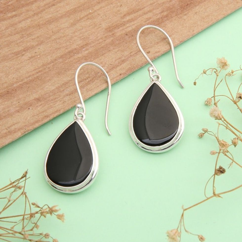 Sterling Silver Dangle Earrings with Drop-Shaped Onyx Stones 'Sublime Night'