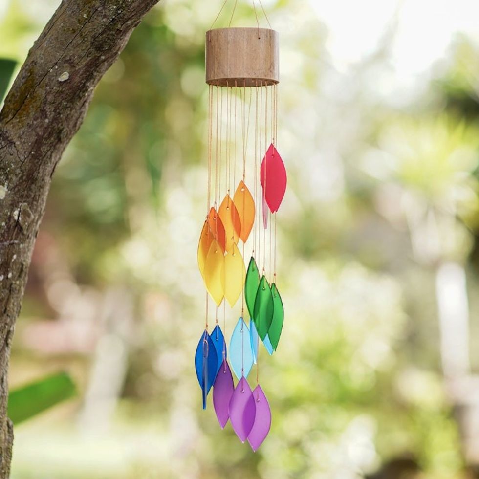Handcrafted Bamboo and Glass Wind Chime in Rainbow Hues 'Summer Blast'