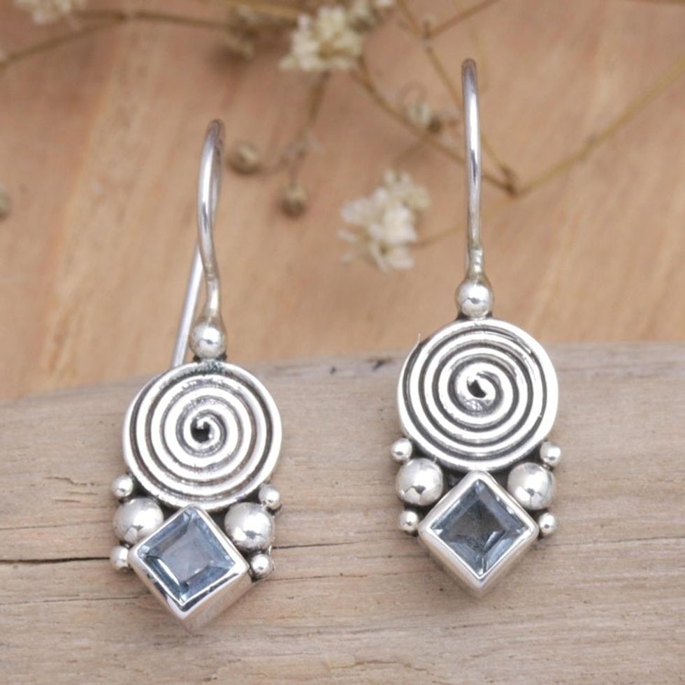Sterling Silver Drop Earrings with Faceted Blue Topaz Stones 'Loyalty Spiral'