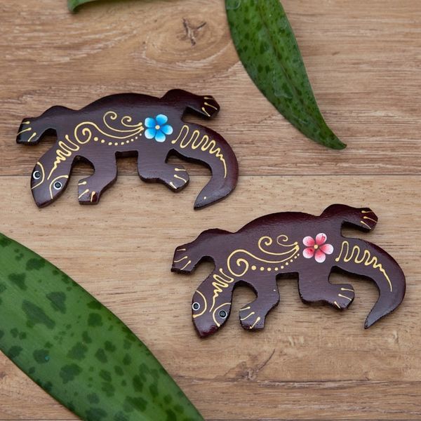 Alternate image for Set of 2 Hand-Painted Floral Lizard-Shaped Wood Magnets Paradisial Lizards